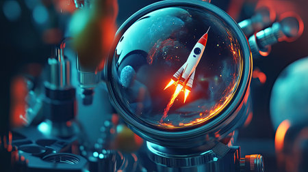 A captivating retro rocket ignites and launches within a glass sphere, surrounded by a vivid cosmic background. This artwork embodies the spirit of exploration and innovation in space.の素材