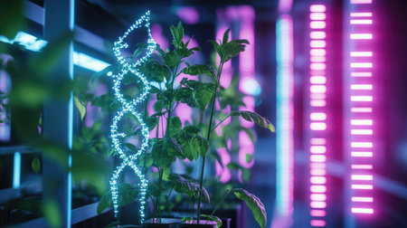 This image captures a vibrant indoor setting featuring plants enhanced by neon lighting and a DNA structure, symbolizing the intersection of nature and technology.の素材