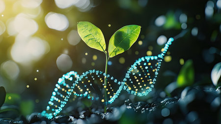 A captivating image depicting a young plant with green leaves intertwined with a glowing DNA helix, symbolizing growth, life, and scientific exploration in nature.の素材