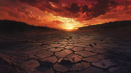 A breathtaking view of a drought-stricken landscape featuring cracked earth beneath a vibrant orange sunset. This scene captures the beauty and severity of environmental change, evoking feelings of both tranquility and concern.の素材