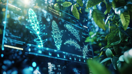 This image showcases a futuristic digital interface analyzing plant data, surrounded by vibrant greenery. It merges technology with nature, emphasizing scientific research.の素材