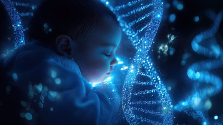 A serene image of a sleeping baby enveloped in bright blue DNA strands. The light effects create a calming atmosphere, symbolizing innocence and potential.の素材