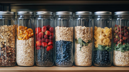 A vibrant display of glass jars filled with nutritious grains, fresh fruits, and colorful berries. Perfect for healthy living and food organization.の素材