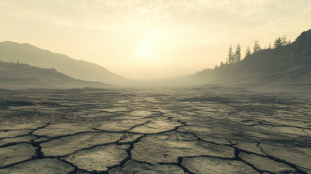 This captivating image showcases an arid landscape featuring cracked soil under a serene sunset sky. The hazy atmosphere evokes a sense of tranquility and vastness.の素材