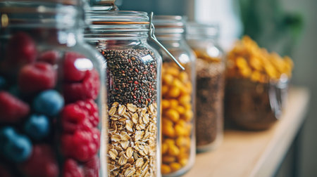 A collection of glass jars filled with colorful healthy ingredients arranged on a wooden surface, showcasing a variety of nutritious options for a balanced diet.の素材