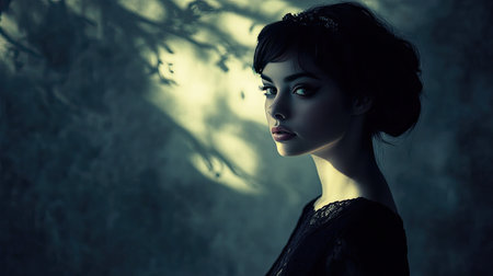 A serene portrait of a woman captured in a dark, atmospheric setting, illuminated by soft light. The mysterious ambiance creates an enchanting and artistic effect.の素材