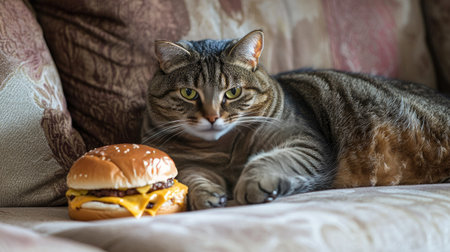 A charming domestic cat lounges on a plush couch, eyeing a delicious cheeseburger nearby. Perfect for capturing the cozy vibe of pet life and indulgence.の素材