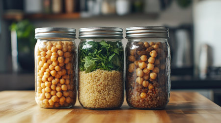 Three glass jars filled with chickpeas, quinoa, and fresh herbs sit on a kitchen countertop, promoting healthy meal options and vibrant cooking ideas.の素材