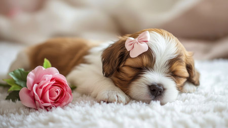 This adorable puppy rests peacefully on a soft white blanket with a pink rose beside it. The sweet bow adds charm to its innocent expression, epitomizing tranquility.の素材