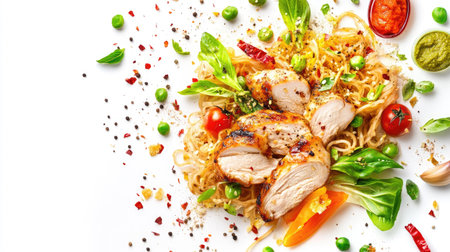 A delicious dish featuring grilled chicken atop a bed of noodles, accompanied by fresh vegetables and garnished with a blend of herbs and spices, showcasing culinary creativity.の素材