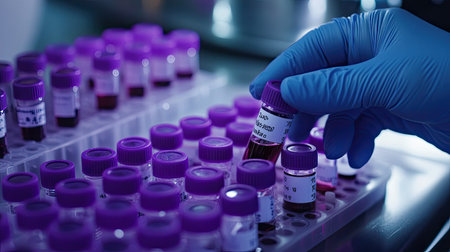 A healthcare worker in a blue glove selects a blood sample from a rack filled with vials. This image showcases laboratory procedures and medical analysis in a clinical setting.の素材