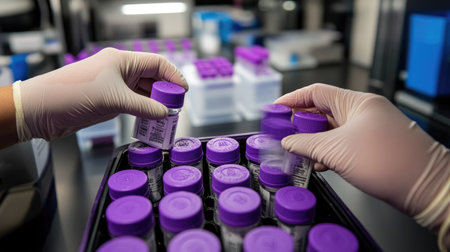 A laboratory technician in gloves organizes vials with purple caps in a sterile research facility, demonstrating precision and safety in scientific analysis.の素材