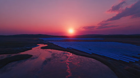 A stunning sunset casts vibrant colors across a tranquil river beside solar panels. The beautiful landscape showcases nature and innovative technology harmoniously coexisting.の素材