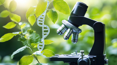 A microscope positioned beside a plant illustrates the study of DNA in a natural green environment, showcasing the intersection of science and nature.の素材