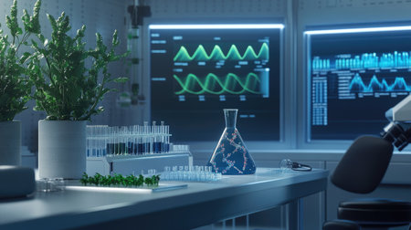 A modern laboratory featuring advanced scientific equipment, vibrant plants, and high-tech data displays. Ideal for concepts of research and innovation.の素材
