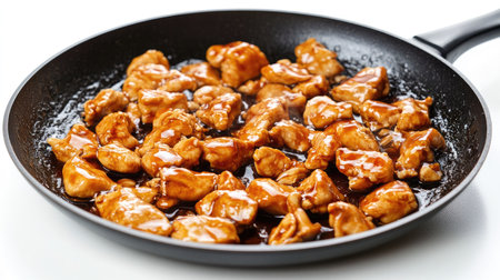 A close-up of juicy chicken pieces simmering in a rich sweet sauce in a non-stick pan. Perfect for inspiring culinary creations and delicious meals.の素材