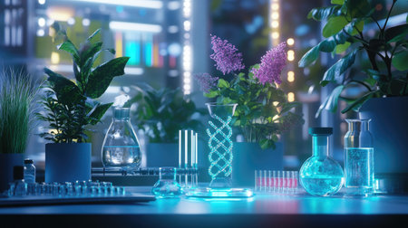 A contemporary laboratory setting features vibrant plants and colorful glassware. The blue light enhances a calm atmosphere suitable for research and experimentation.の素材