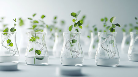 Fresh plant growth in laboratory flasks symbolizes research and biotechnology. The clear glass vessels showcase the vitality of nature in a scientific setting.の素材