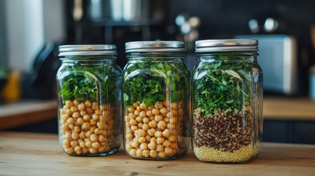 Three glass jars filled with vibrant healthy ingredients, including chickpeas, quinoa, and fresh greens. Perfect for meal prep and organizing food in the kitchen.の素材