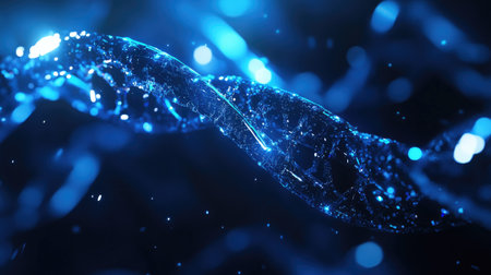 Mesmerizing blue light waves twist and sparkle against a dark background, creating a vivid, abstract scene filled with energy and visual depth. Perfect for creative projects.の素材