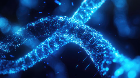 Explore a captivating abstract representation of a blue DNA helix, featuring glowing light effects that convey a sense of modern science and technology.の素材