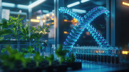 A modern laboratory setting showcases a DNA helix against vibrant plants, symbolizing innovation in biotechnology and scientific research.の素材