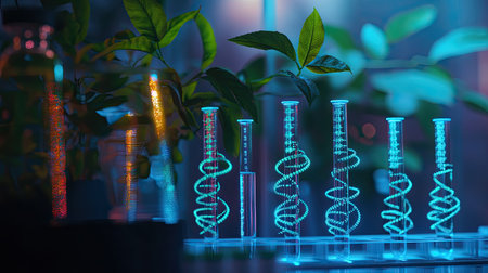 Vibrant laboratory scene featuring test tubes with spiraling light effects and lush green leaves, symbolizing the intersection of science and nature.の素材