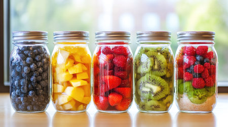 Five jars filled with a variety of colorful fruits sit on a wooden table illuminated by natural light. This fresh arrangement showcases healthy snack options ideal for summer.の素材