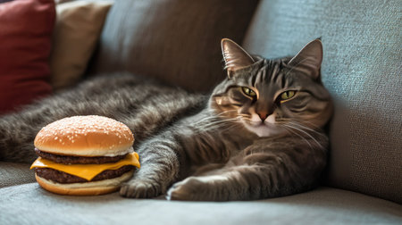 A cute domestic cat lounges on a cozy couch, with a delicious cheeseburger beside it, creating a humorous and relatable scene for pet lovers.の素材