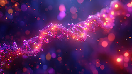 This digital artwork features an imaginative depiction of a DNA helix, showcasing vibrant colors and glowing elements set against a cosmic background, symbolizing life and science.の素材