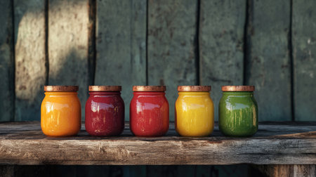 Five vibrant jars filled with assorted colors sit on a wooden table, creating a charming rustic display. Perfect for showcasing preserved foods.の素材