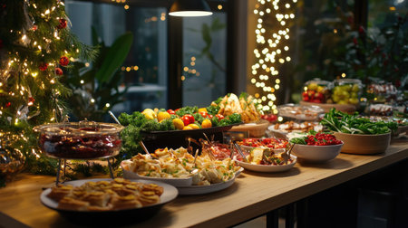 A beautifully arranged holiday buffet table with festive lights and delicious seasonal dishesの素材