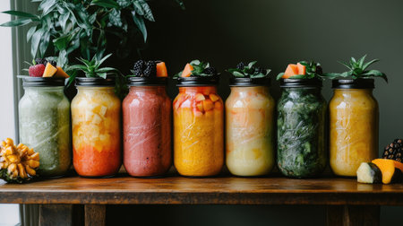 A stunning display of colorful smoothie jars filled with fresh fruits and greens, showcasing healthy beverage options perfect for summer enjoyment or meal prep.の素材