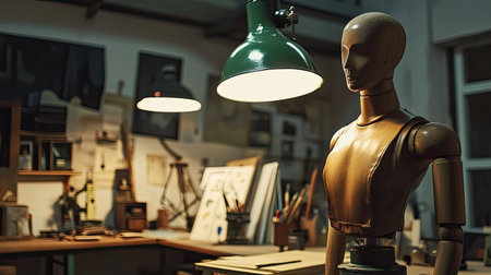A serene art studio featuring a wooden model under warm lighting. The creative workspace is filled with tools, papers, and artistic decor, inspiring creativity.の素材