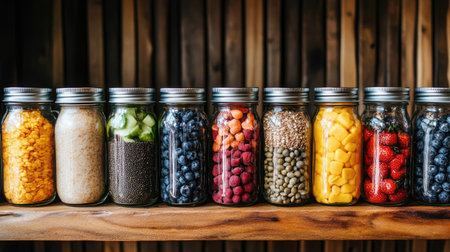 A vibrant array of glass jars filled with fresh fruits, grains, and vegetables displayed on a wooden shelf, capturing the essence of healthy eating and beautiful organization.の素材