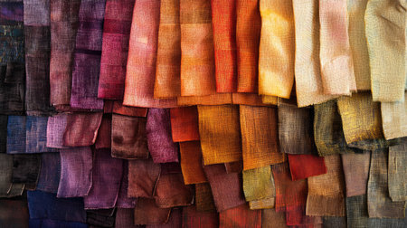 A collection of fabric samples arranged in a gradient, highlighting their diverse textures and weaves.の素材