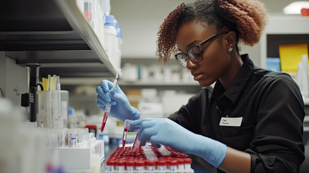 Female scientist in a laboratory setting carefully uses a pipette to transfer blood samples. She wears gloves and glasses, ensuring accuracy in her research.の素材