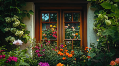 A charming wooden window showcasing a vibrant summer garden in full bloomの素材