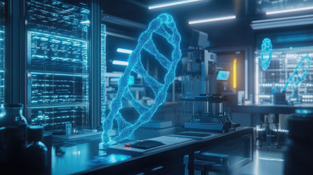 A futuristic laboratory showcasing a holographic representation of a DNA helix. The advanced technology and glowing elements create a bright, innovative environment for scientific research.の素材