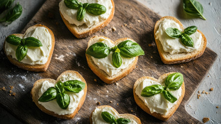 A charming top-view of heart-shaped sandwiches, decorated with basil leaves and cream cheeseの素材