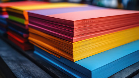 A mix of vivid paper stacks on a smooth wooden board, capturing an artistic and organized office settingの素材