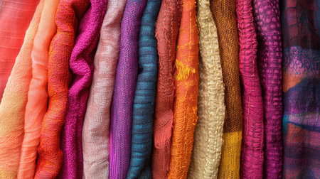 A collection of fabric samples arranged in a gradient, highlighting their diverse textures and weaves.の素材
