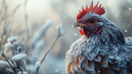 A close-up of a hen with frost-covered feathers, standing in a snowy winter landscapeの素材