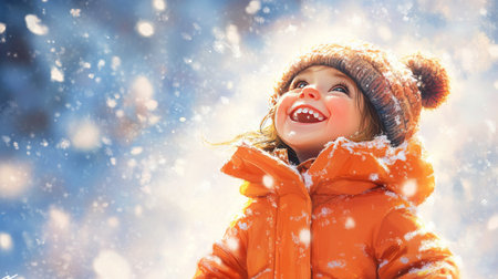 A little girl in a cozy orange jacket with a wool hat, beaming with winter joyの素材