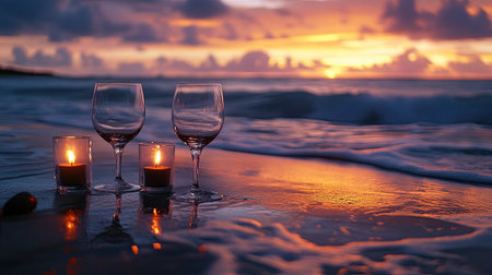 A romantic candlelit dinner setup on the beach at sunset, waves gently lapping nearbyの素材