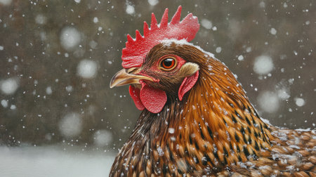 A detailed portrait of a hen with bright red comb and deep brown feathers against a snowy backdropの素材