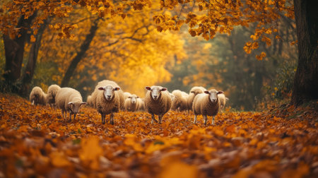 A peaceful flock of sheep wandering through golden autumn leaves, surrounded by warm seasonal hues. Rustic countrysideの素材