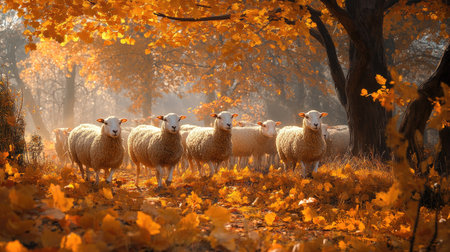 A peaceful flock of sheep wandering through golden autumn leaves, surrounded by warm seasonal hues. Rustic countrysideの素材