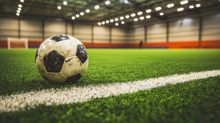 A well-worn soccer ball sits quietly on the indoor field, reflecting the anticipation of the gameの素材