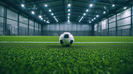 A single soccer ball sits on a pristine indoor turf field, illuminated by stadium lightsの素材